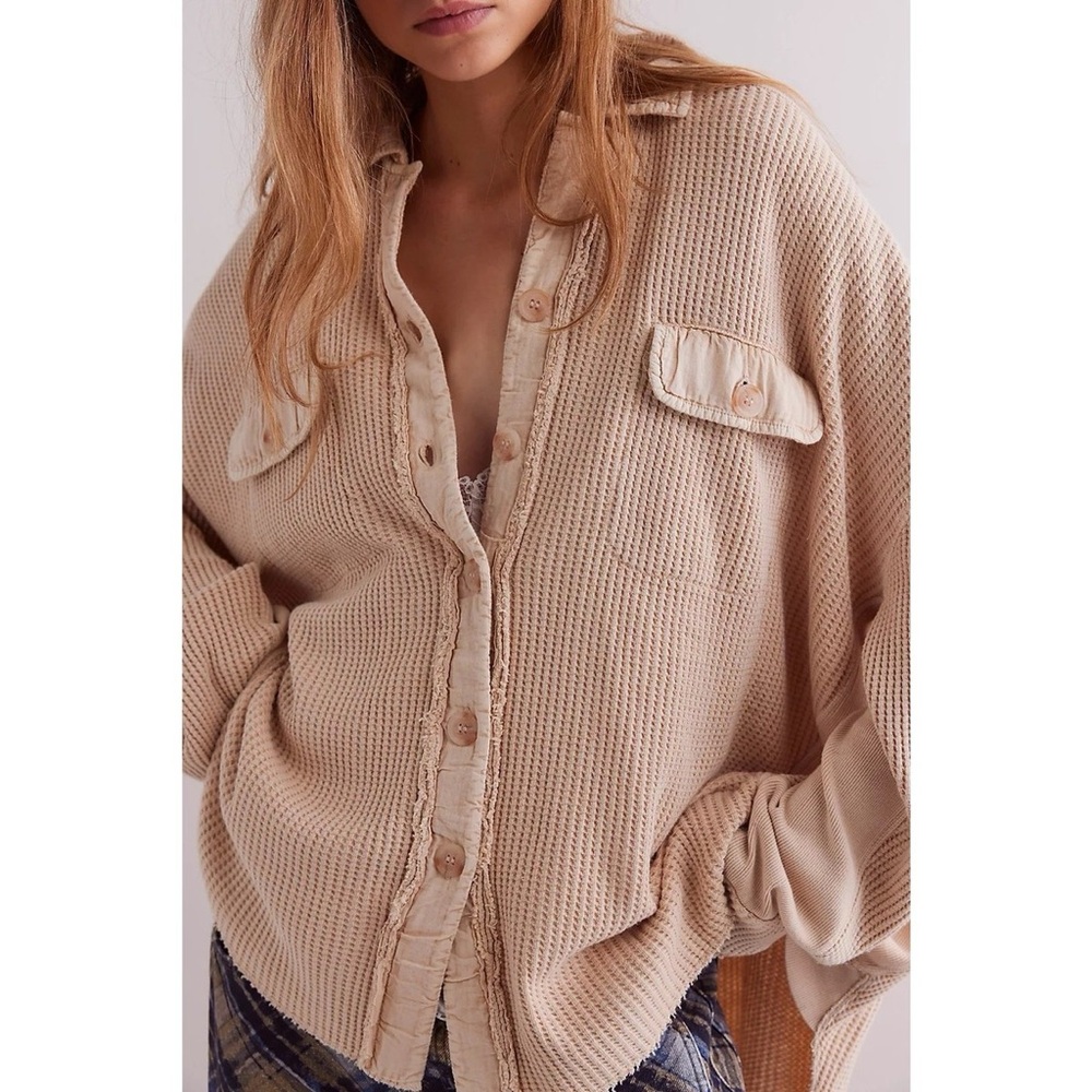 Free People Cream Ribbed Button Down Shirt